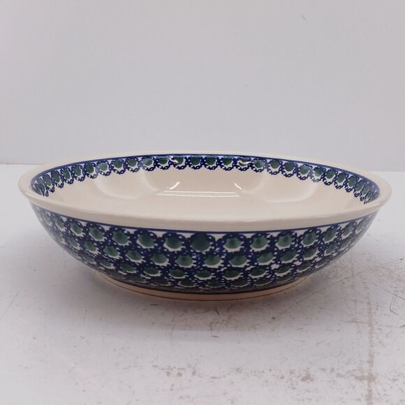 Boleslawiec Polish Pottery Blue Lattice With Green Dot Round Bowl 10.5" x 2.25" - Picture 5 of 12